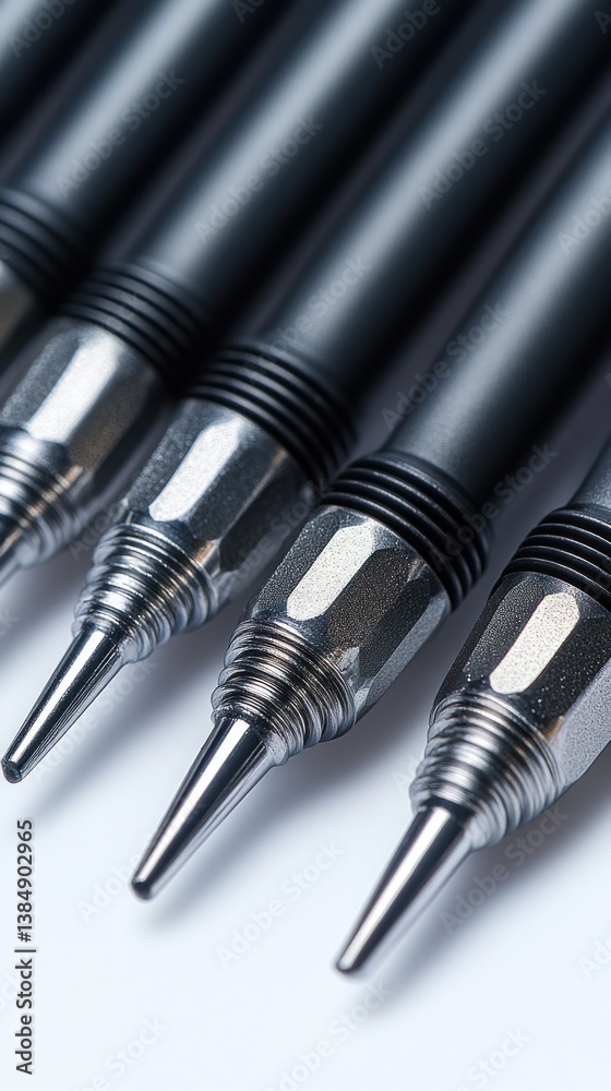 Close-up of Four Sleek Metallic Pens with Precisely Crafted Tips Close-up of Four Sleek Metallic Pens with Precisely Crafted Tips