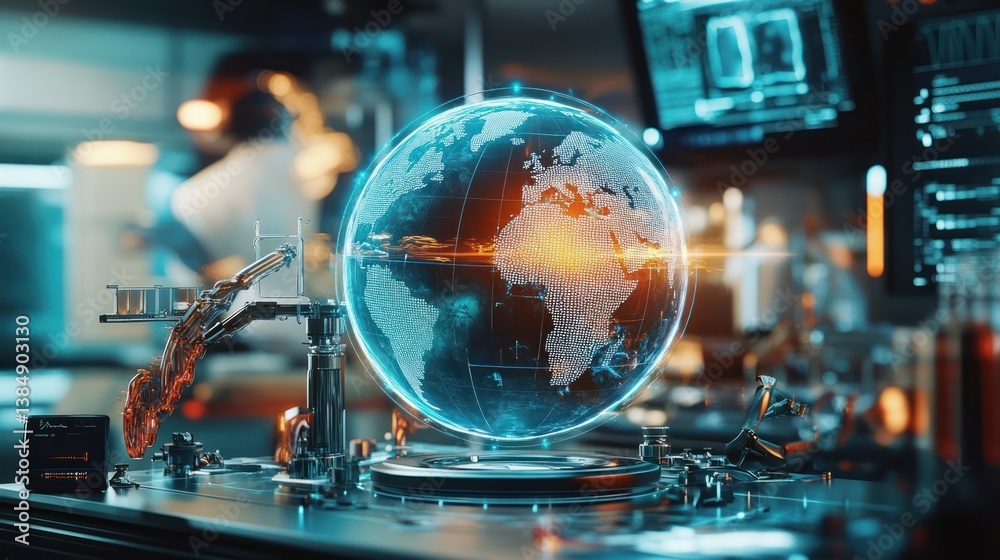 Holographic Earth in Futuristic Lab Holographic Earth in Futuristic Lab