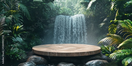 Fototapeta Naklejka Na Ścianę i Meble -  a wooden stage with a waterfall in the background 
