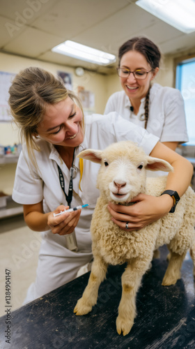 Two veterinary students joyfully attend to a fluffy lamb in a bright clinic. One gently holds the lamb while the other prepares a syringe, showcasing compassion and teamwork.