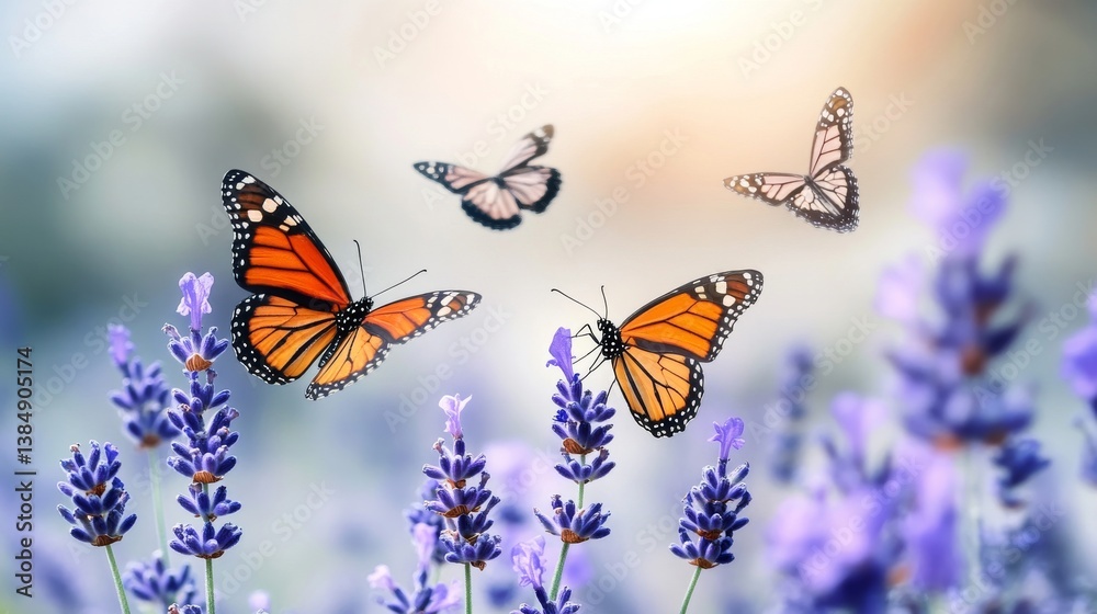 Obraz premium Butterflies with regal beauty dance in the lavender fields during sunset