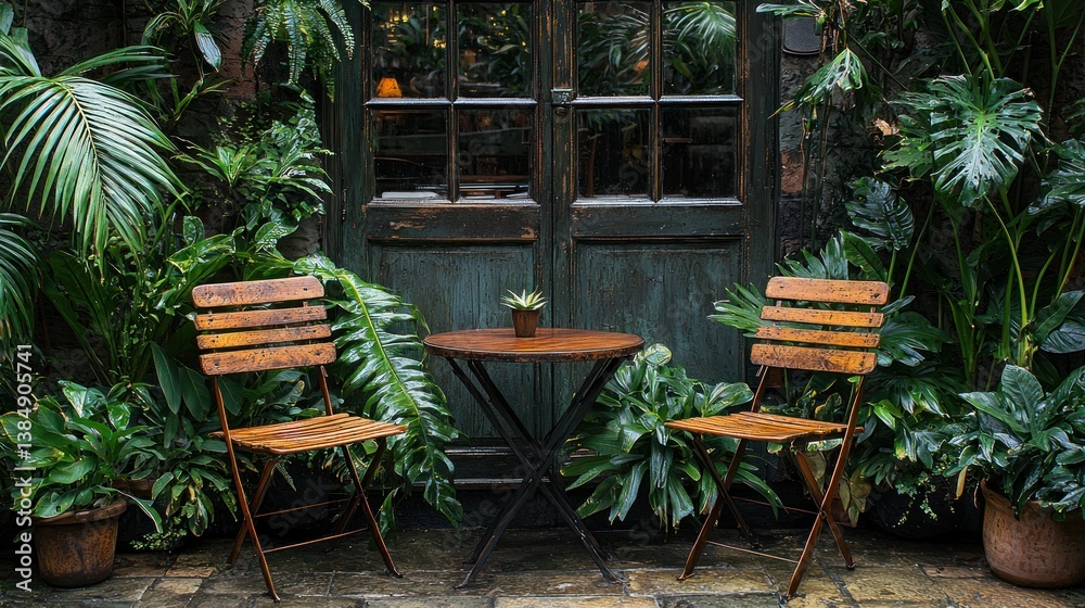 Fototapeta premium Quiet outdoor seating with lush greenery creates a tranquil atmosphere