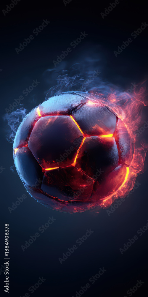 Naklejka premium Burning soccer ball floating in a dark environment with smoke
