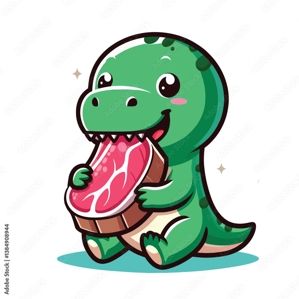 Fototapeta premium green dino eat meat cute mascot illustration