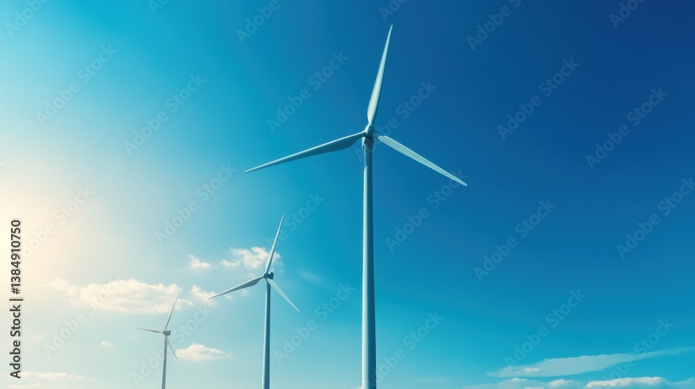 Fototapeta premium Three wind turbines stand against a clear blue sky, symbolizing renewable energy and sustainable technology.