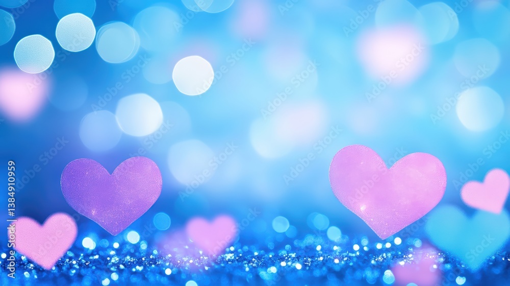 A dreamy background with shimmering blue tones and pastel hearts, creating a romantic and whimsical atmosphere.