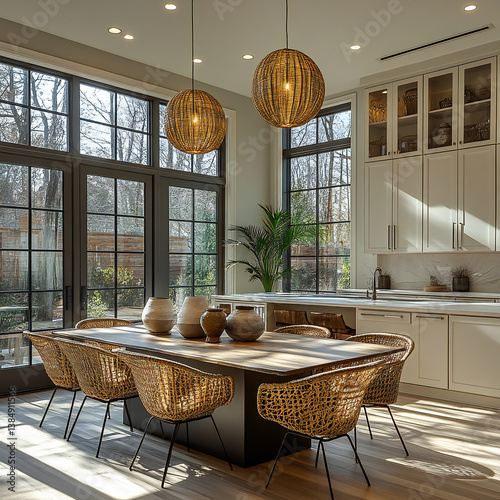 A spacious dining area with a large table, modern chairs, and a statement light fixture