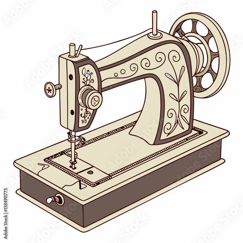 Vintage sewing machine illustration in detailed line art style  