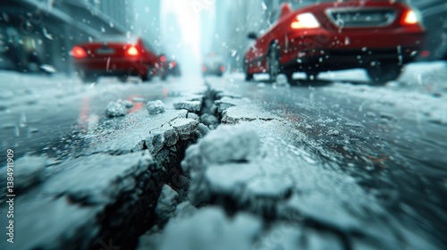 A snowy street scene featuring cracked pavement and red cars driving through the winter weather.