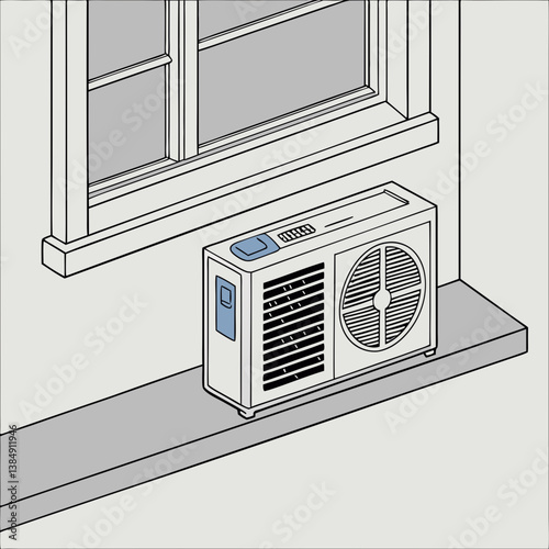Air conditioner unit mounted on a window against a minimal background  