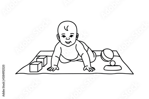 Happy Baby Crawling on Play Mat with Blocks and Toys