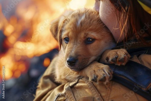 A firefighter holds a rescued puppy close while wild flames rage in the background, symbolizing courage, protection