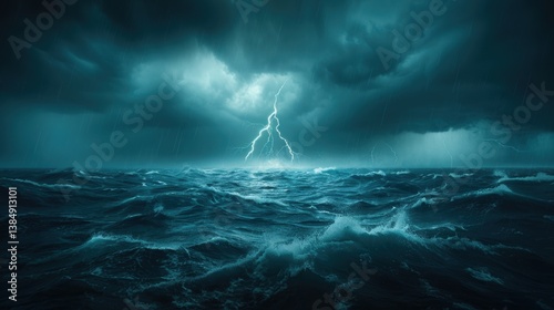 A dramatic seascape featuring turbulent waves and dark storm clouds, illuminated by flashes of lightning, creating an intense and moody atmosphere.