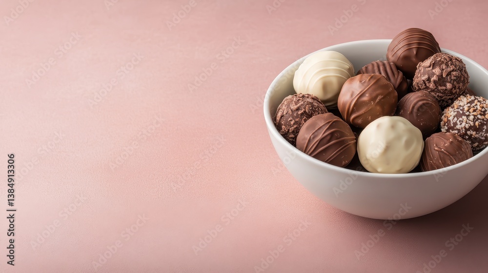 An elegant presentation of assorted chocolate truffles nestled in a white bowl, showcasing their rich textures and enticing colors, a feast for both the eyes and palate. An elegant presentation of assorted chocolate truffles nestled in a white bowl, showcasing their rich textures and enticing colors, a feast for both the eyes and palate.