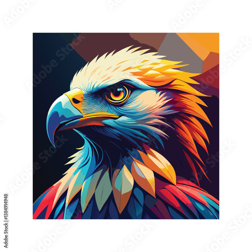 Bald eagle predator with striking blue eyes, a powerful beak, and white head against a blue and red background