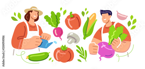 Agricultural workers working on farmland. Farmer grows vegetables. Farming, vegetable growing, horticulture concept