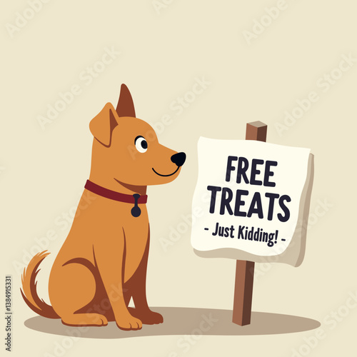 Cute dog sitting with sign saying "Free Treats - Just Kidding!"  