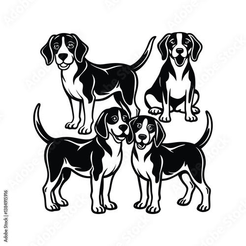 A set of Cute beagle puppy dog, a small brown and white canine, sitting isolated