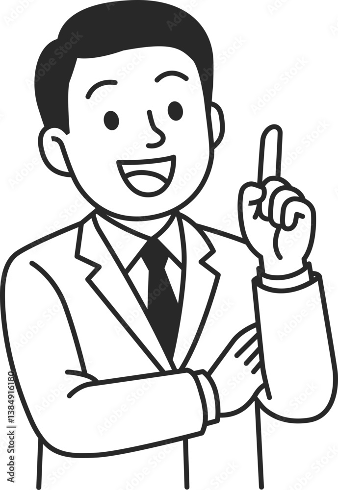 Smiling businessman solid icon pointing up with one finger, vector. Smiling businessman solid icon pointing up with one finger, vector.
