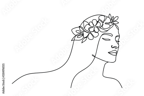 Serene Woman, Online Drawing, Floral Headpiece, Minimalist Art, Peaceful Expression, Elegant, Grace