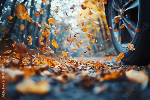 Autumn leaves swirl around a car wheel on a tranquil road in a wooded area