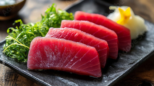 Fresh ahi tuna sashimi served on black plate, garnished with green seaweed and dollop of wasabi. vibrant red color of fish highlights its quality and freshness, creating appetizing presentation