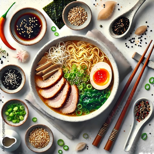 Wallpaper Mural Delicious Japanese Ramen Soup with Soft-Boiled Egg, Char Siu Pork, Noodles, Spinach, and Green Onions, Served with Sesame Seeds, Seaweed, and Chili, Perfectly Seasoned with Soy Sauce. Torontodigital.ca