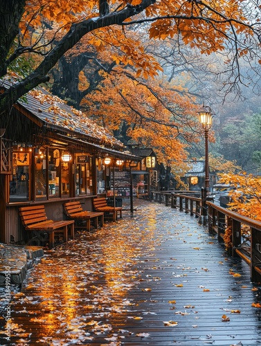 Tranquil autumn scene featuring a wooden pathway and vibrant foliage in Japan