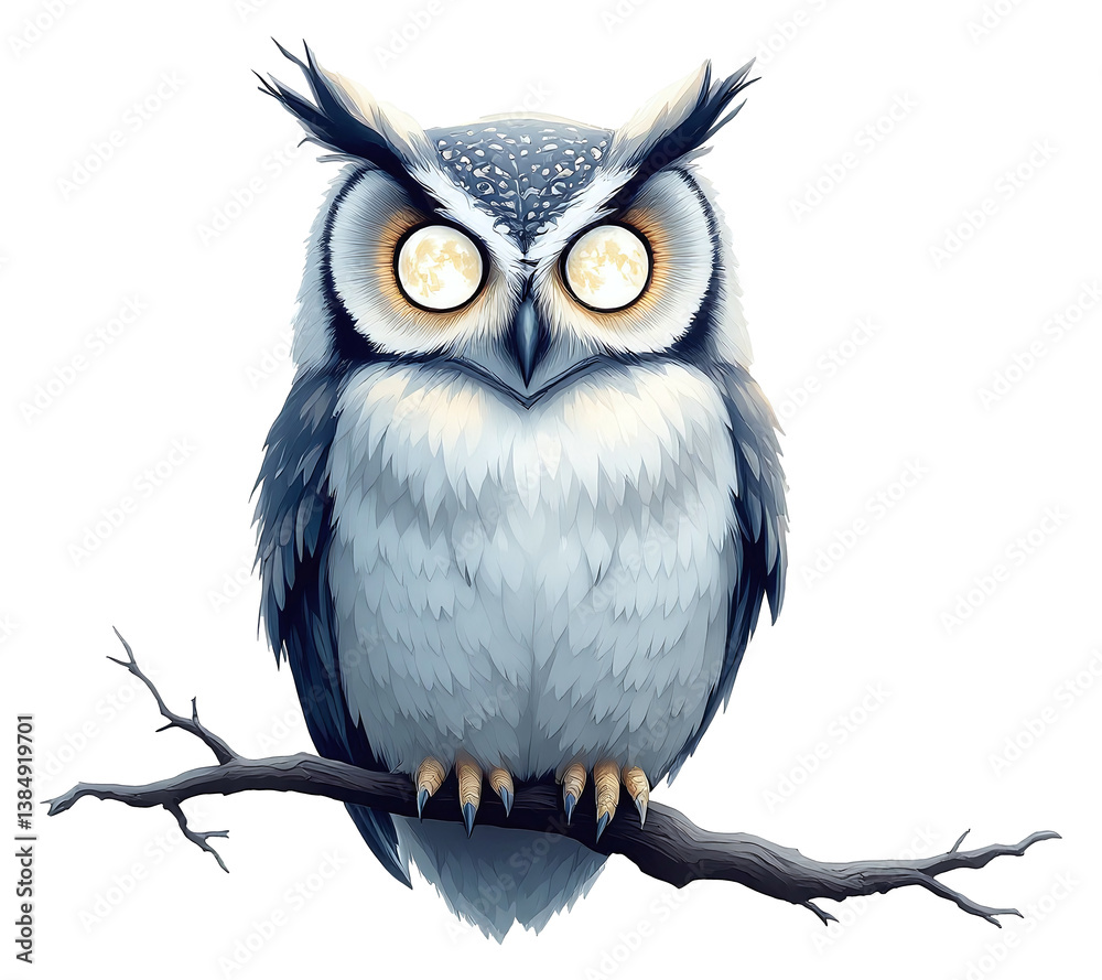 Fototapeta premium Majestic owl illustration with full moon eyes, bird of prey perched on branch blue-white feather sharp talons.