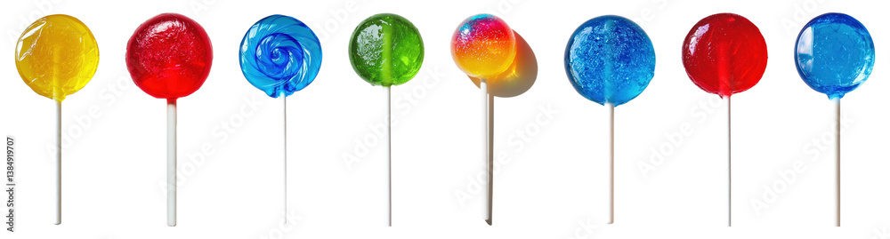 Set of colorful glossy lollipops in various shapes and flavors, isolated on transparent background Set of colorful glossy lollipops in various shapes and flavors, isolated on transparent background