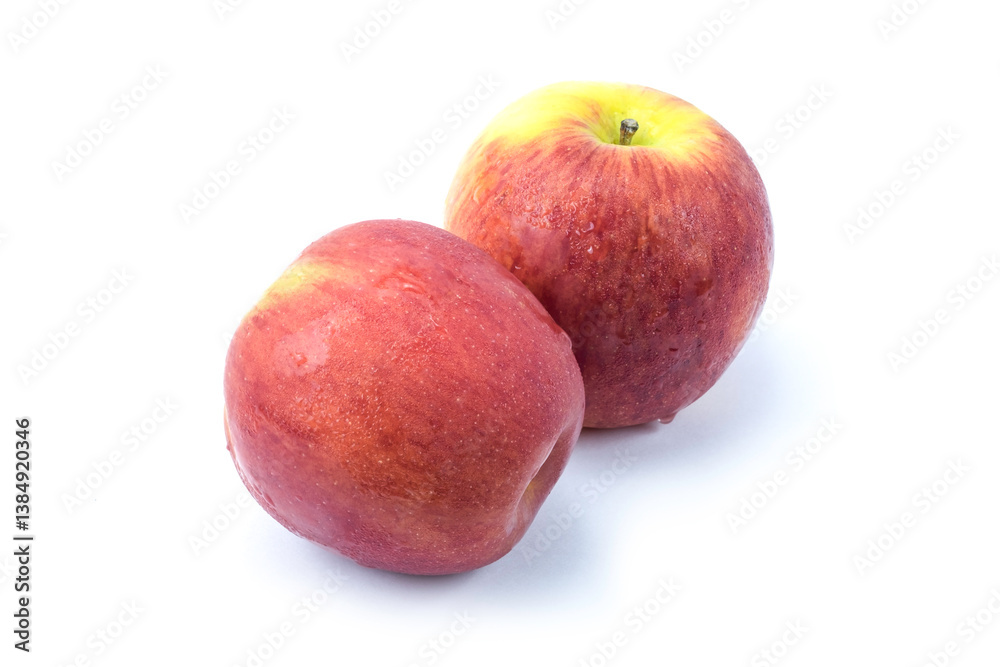 Group of fresh red apples with water drops isolated on white background close up stack Group of fresh red apples with water drops isolated on white background close up stack
