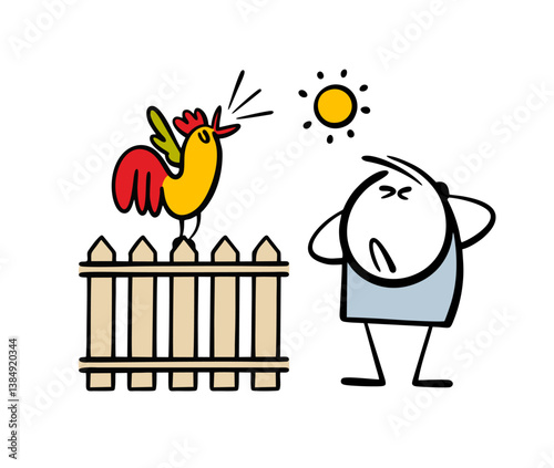 Rooster sits on the fence and screams loudly. Vector illustration of a bird on a farm makes it difficult to sleep, good morning. Stickman covered his ears. Isolated cartoon character on white.