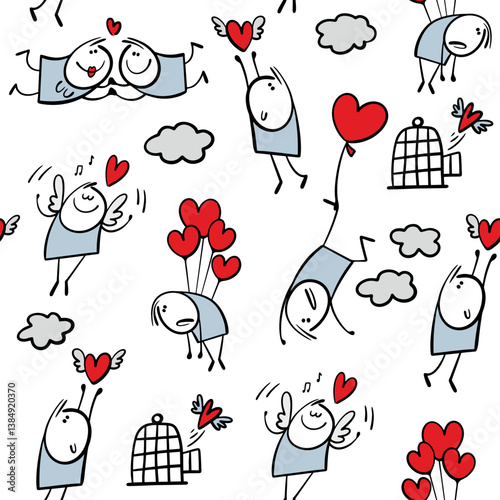Seamless cartoon pattern of a man and a woman flying in the sky among clouds, love and relationship. Vector illustration of heart.