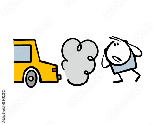 Stickman looks at the exhaust fumes from the car's chimney in fright. Vector illustration of unhealthy clouds. Isolated cartoon character on white background.