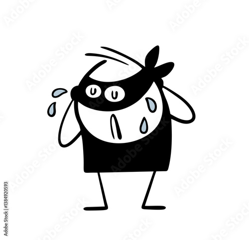 Very sad criminal in a black mask is crying. Vector illustration of a failed robbery attempt. Thief was caught, Stickman repents of the crime. Isolated cartoon character on white background.