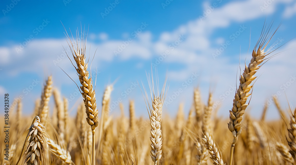 Golden wheat stalks sway gently under bright blue sky, creating serene and picturesque landscape. vibrant colors and soft clouds evoke sense of tranquility and abundance Golden wheat stalks sway gently under bright blue sky, creating serene and picturesque landscape. vibrant colors and soft clouds evoke sense of tranquility and abundance
