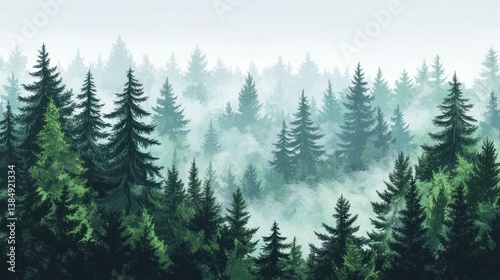 Misty forest landscape, view from above, tranquil nature scene, digital art, possible use for wallpaper or desktop background photo