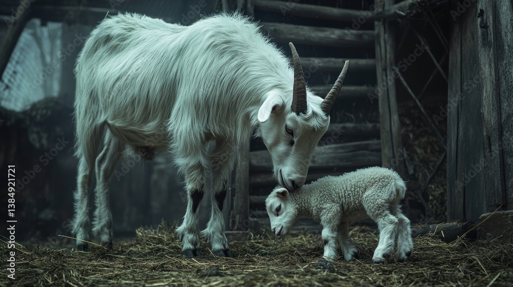 Obraz premium White goat tenderly nuzzling its young lamb in a rustic barn.