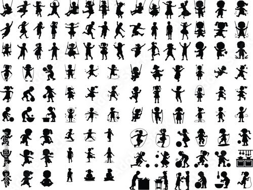 Kids Silhouette Set | Active Child Figures, School Kids, and Childhood Moments Illustration Kids Silhouette Set | Children Playing, Running, and Jumping Vector Collection