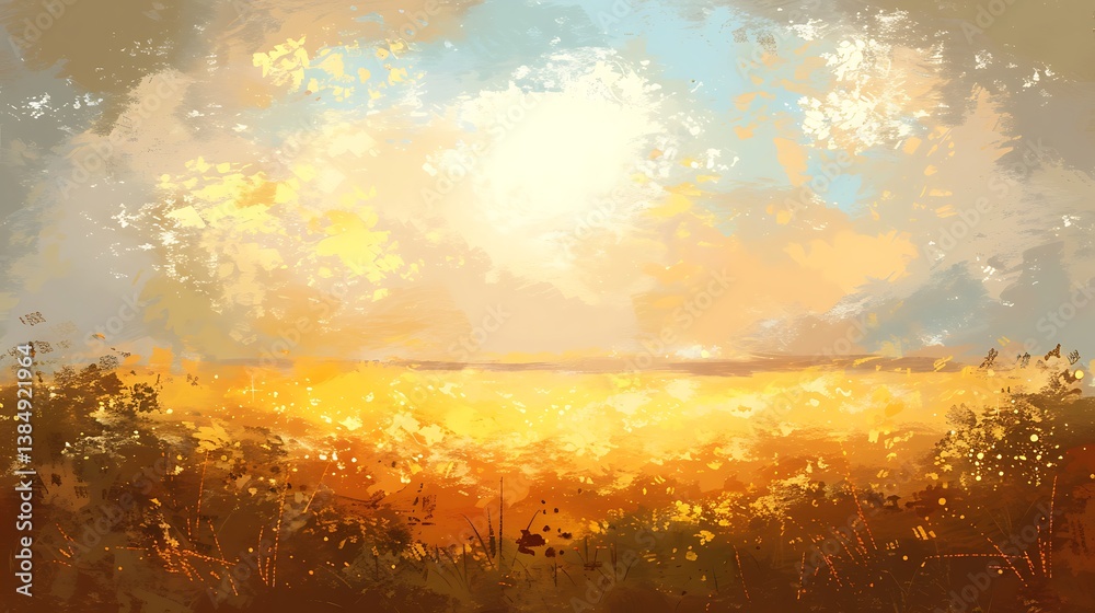 Obraz premium An abstract landscape painting showing a bright sun and field
