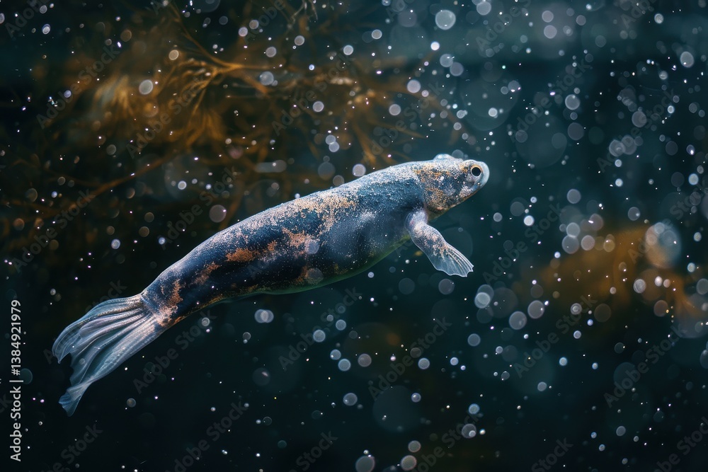 Fototapeta premium Curious fish swimming gracefully in a vibrant underwater environment filled with bubbles