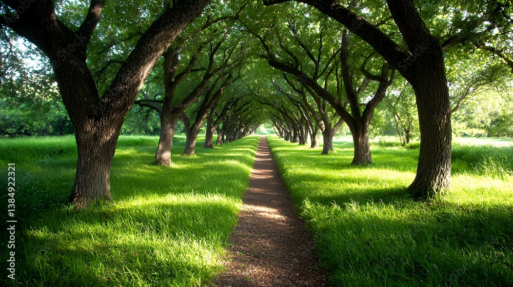 Fototapeta premium Sunlight kissed pathway through a lush forest canopy