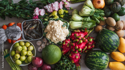 Wallpaper Mural grocery set of vegetables, fruits and seafood purchased at the local market in Asia Torontodigital.ca