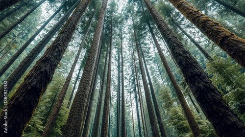Tall pine trees stretch skyward in dense forest, creating serene and majestic atmosphere. towering trunks and lush green foliage evoke sense of tranquility and wonder