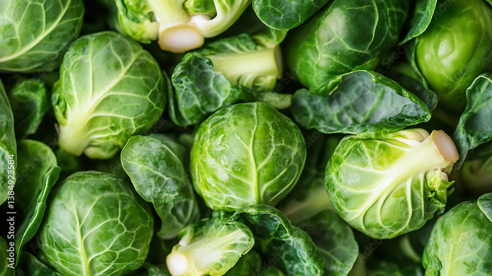Fototapeta premium Fresh Brussels sprouts are vibrant green vegetables, known for their unique shape and texture. They are often used in various dishes, adding nutritious and flavorful element to meals