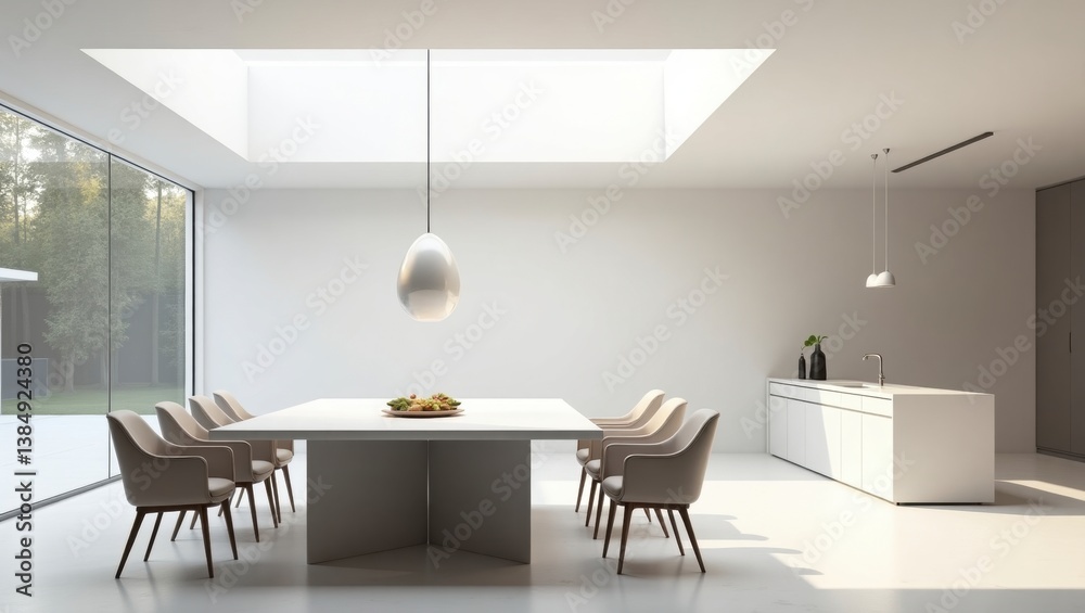Fototapeta premium Luxurious and modern open plan dining room showcasing elegance with stylish furniture and contemporary design elements for a sophisticated dining experience