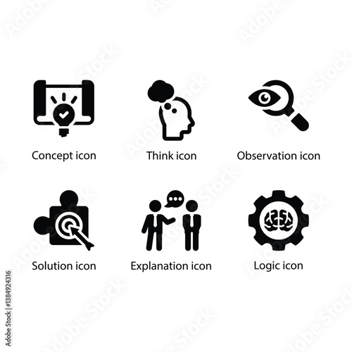 Concept, Think, Observation, Solution, Explanation, Logic, Black Icon Set