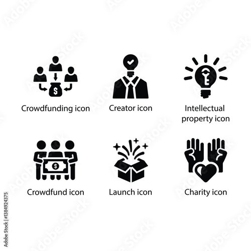 Crowdfunding, Creator, Intellectual property, Crowdfund, Launch, Charity, Black Icon Set