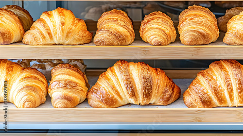 Freshly baked croissants in a bakery display