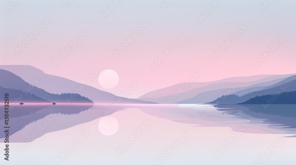 Fototapeta premium Serene Sunset Over the Tranquil Lake and Misty Mountains